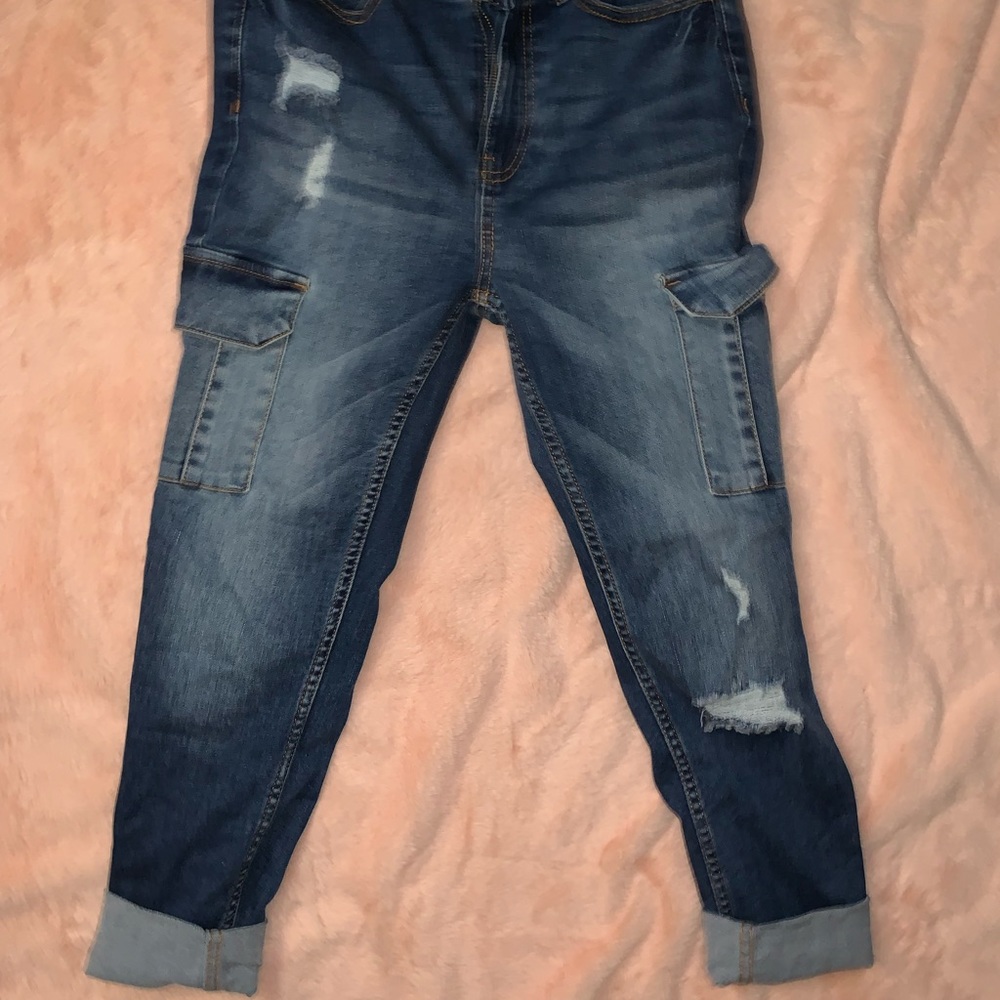 Dark blue skinny jean cargo pants half ripped Never worn
